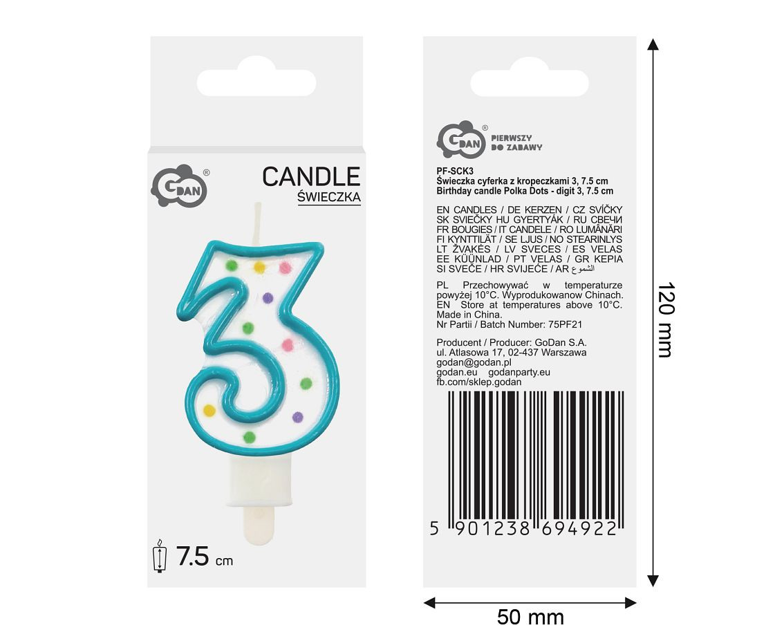 Candle number with dots 3, 8 cm